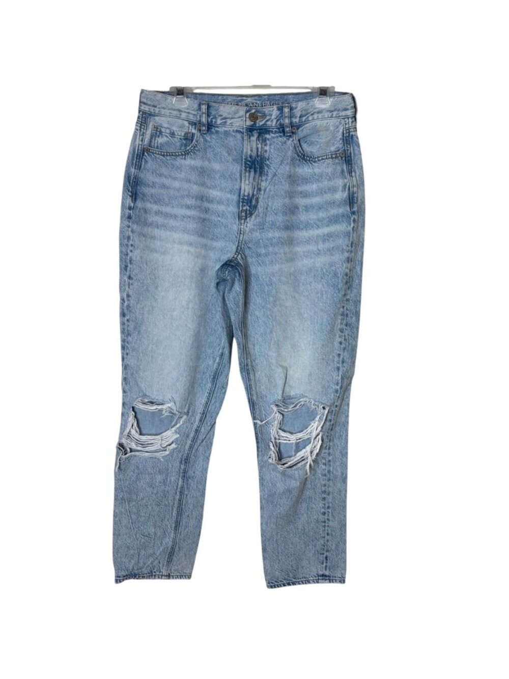 American Eagle Mom Jeans Women 10 Regular Light Wash Distressed Ripped High Rise